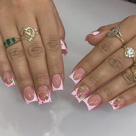 24pcs French Sweet Strawberry Fake Nail Cute Short Square Nails Sets Nude Pink Press on Nails Lines Polka Dot Design False Nail