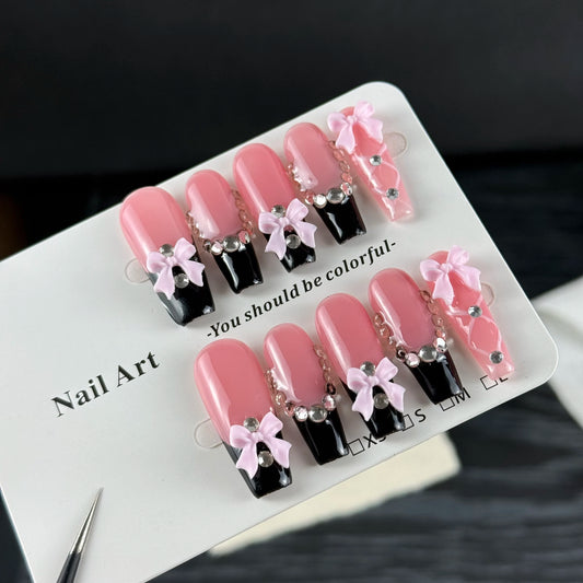 10pcs high-end Sweet and cool style, hand-painted three-dimensional bowknot, shiny round diamonds handmade fake nails