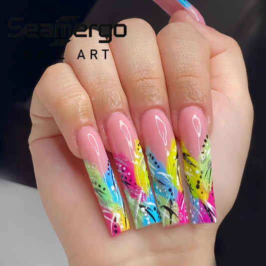 24PCS Y2K Extra Long Square Fake Nail with Abstract Graffiti Pattern Summer Neon Colorful Press on Nails Bold Nail Art for Women