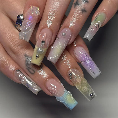 24Pcs Long Square Head French Fake Nail Tips 3D Love Heart Design Press on Nails with Rhinestone Pattern Wearable False Nail Art