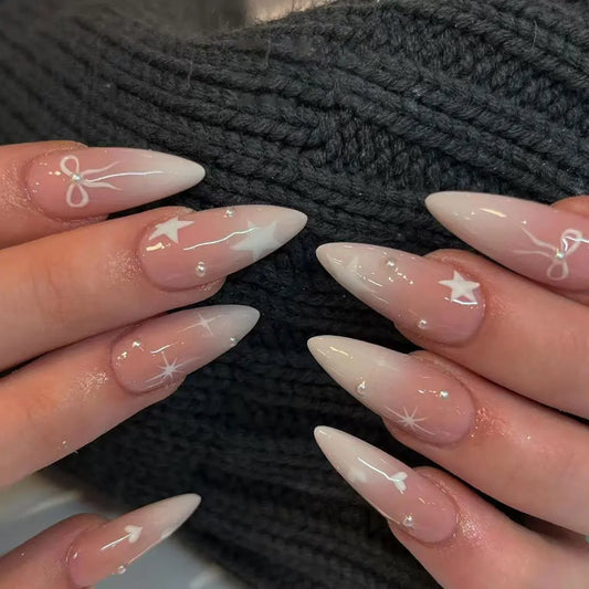 24Pcs Mid-length Almond Press on False Nails White Gradient Bow Star Love Heart Fake Nails Pearl Reusable Full Cover Nails Tips