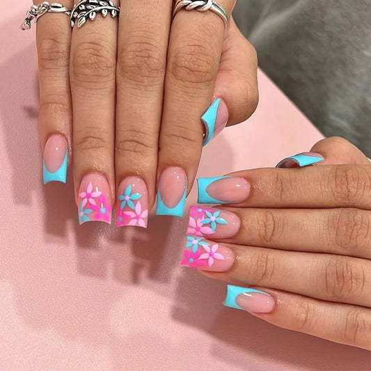 24Pcs Mid-length Square Head False Nails with Blue French Pink Flower Press on Fake Nails Reusable Finished Full Cover Nail Tip