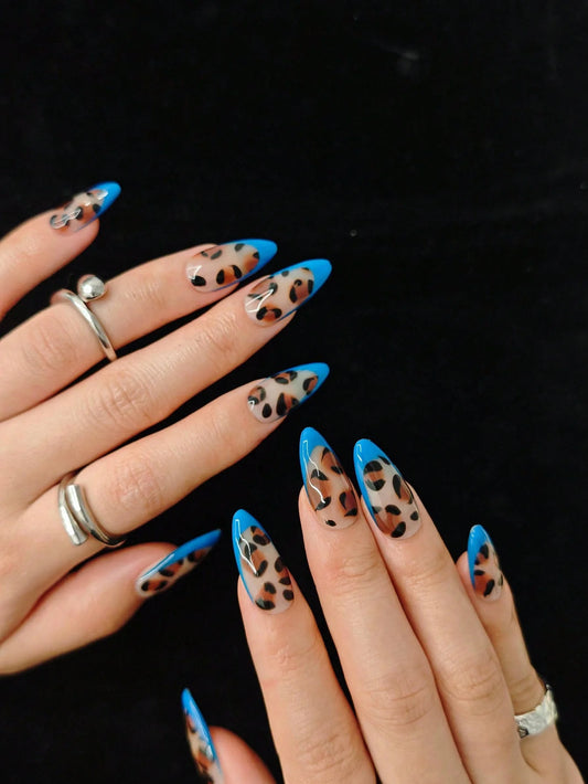 10pcs Handmade Blue French Leopard Print Press On Nails Almond Long Trendy Wild Fake Nails Glossy Decor False Nails Spring Nails