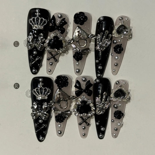 10Pcs Handmade Metallic Fashion Manicure Full Cover Rhinestone Heart Bow Powerful Design Reusable Nail Stickers Spice Cool Nails