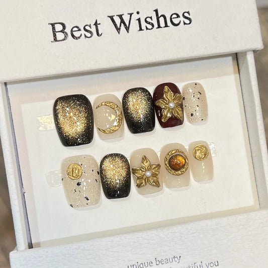 10Pcs Short Square Black White Handmade Nails with Gold Moon Design Glitter Cat Eye Fashion Nails Wearable Full Cover Press On