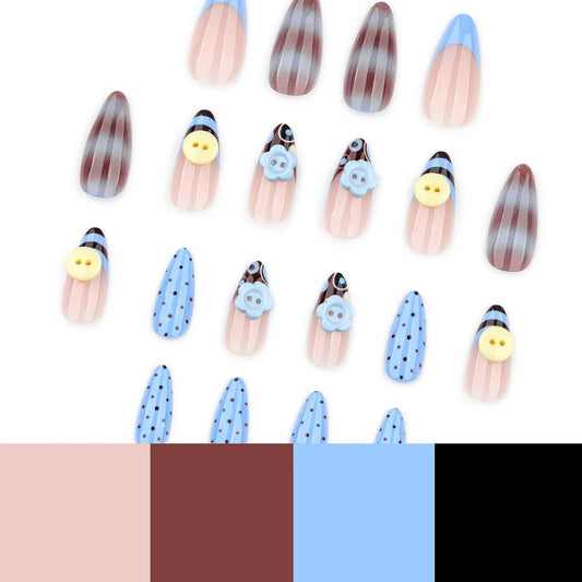24pcs Smudging Blue Brown Fake Nails 3D Button Flower Polka Dot Designs Press On Nails Creative French Style Almond False Nail