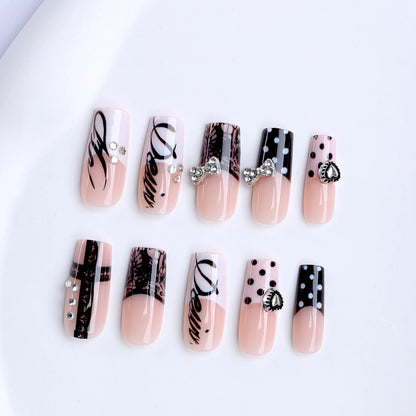 24pcs Mid-length Coffin False Nails Dark Metal Bows Heart Decor Black Gothic Style Press On Nails Polka Dot French Fake Nail