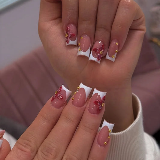 24Pcs Mid-length Square Head False Nails with Blue French Pink Flower Press on Fake Nails Reusable Finished Full Cover Nail Tip