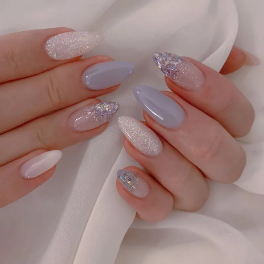 24pcs Shiny Powder Design False Nail Tip Blue Mid-length Almond Nails Set Press on Reusable Simple Round Fake Nails Art Manicure