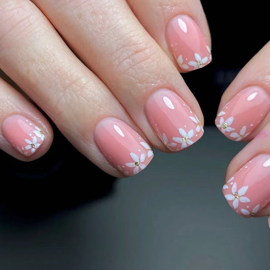 24pcs Gradient Nude Pink False Nails Tips Simple Short Square Press on Nails Seashell Design Ballet Wearable Fake Nail Manicure