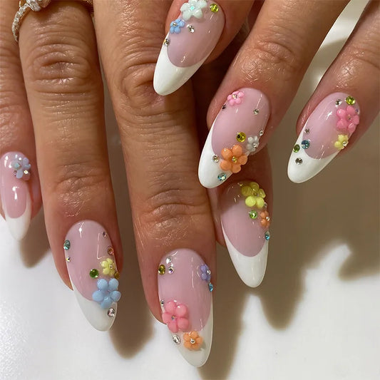 24pcs Pink Almond Press on Nails Set Ocean Flower Design False Nails Art Reusable Fashion Pearl Fake Nail Tips Seashell Manicure