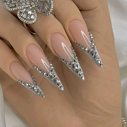24Pcs French Purple Glitter Design Nail Sticker Mid-length Gradient Wave-shaped Pearl False Nails Wearable Finished Manicure Art