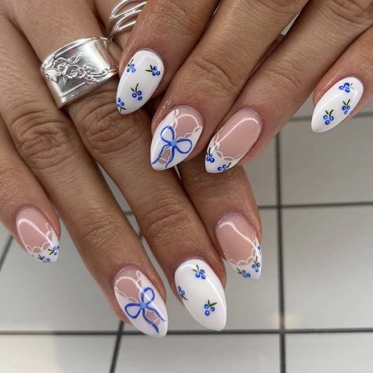 24Pcs Short  Almond Press on Fake Nails Simple French False Nails with Bow Design Full Cover Nail Tip Oval Wearable Manicure Art