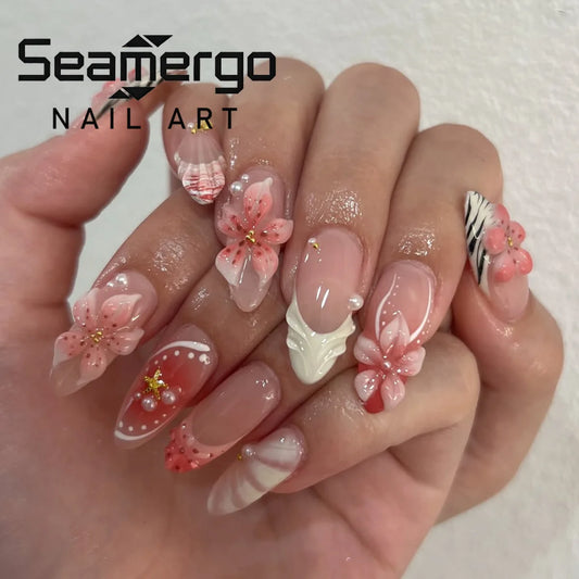 24PCS 3D Gradient Floral False Nails Colorful Shell Almond Press on Nails Gold Star Pearl Design Sweet Ocean Series Manicure Tip