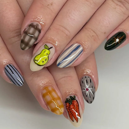 24PCS Almond Beach Theme Press on Nails Lobster Puffer Fish Starfish Design False Nails European American Sweet Spicy Nails Art