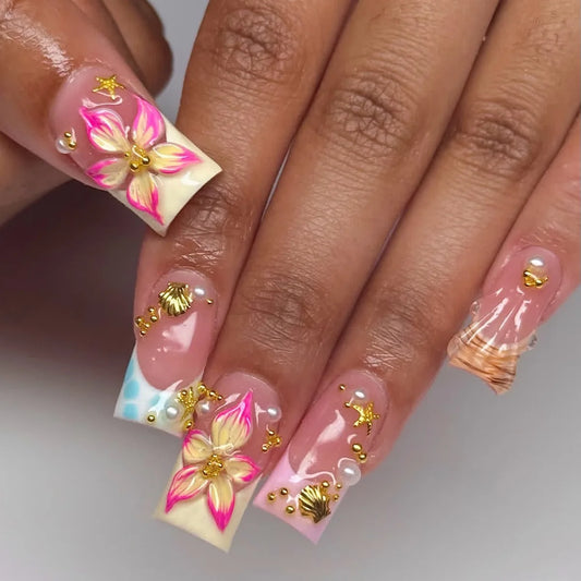 24Pcs Mid-length Square Head Full Cover Fake Nails French 3D Flower Starfish Press on False Nails Pearl Detachable Manicure Tips