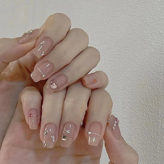24Pcs Short Square Head False Nails White Line Rhinestone Design Full Cover Nails Tips for Woman Detachable Press on Fake Nails