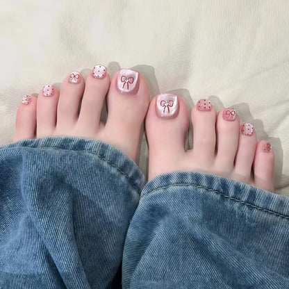24pcs Light Pink Cat's Eye Press On Nails For Foot Simple Red Wave Point Decor False Toenails Korean Style Summer Fake Toenail