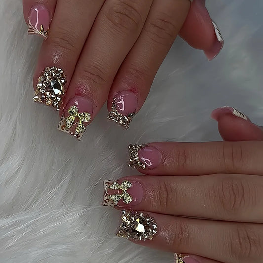 24pcs Duckbill False Nails Detachable Y2k Leopard Print Pink Short Press on Nails Flower Fake Nail French Full Cover Nail Tips