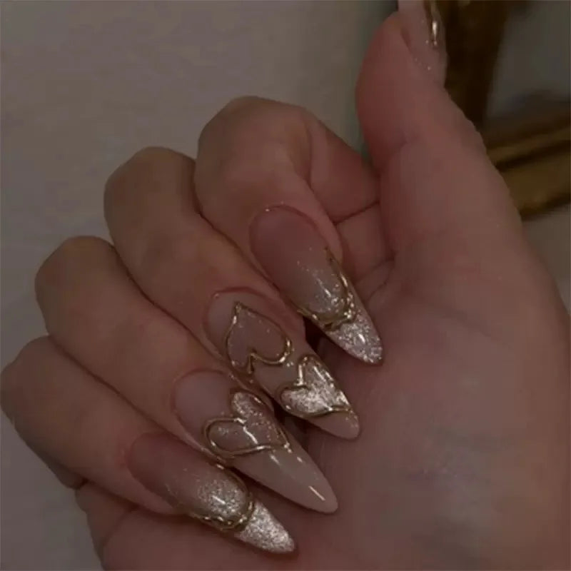 24Pcs Light Blue Smudge Fake Nails Press on Almond Gold Leaf Removable Long Full Cover Nail Tips Wearable Finished Nail Art
