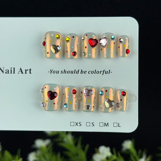 10pcs high-end Cute girl style, hand-painted three-dimensional colorful heart, sparkling point diamond handmade fake nails