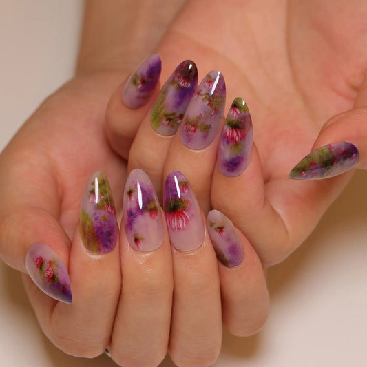 24pcs Summer Lotus Flower Fake Nails Purple Blush Almond False Nails for Women Wearable Full Cover Korean Sweet Press on Nails