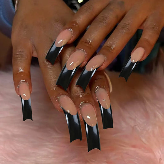 20pcs Curve False Nail Set Colorful Stripe Smudge Design Fake Nail French Square Press on Nails Tip Rhinestone Wearable Manicure