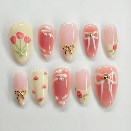 24Pcs Mid-length Almond Full Cover Nails Tips French 3D Bow Flower Fake Nails Pearl Detachable Artificial Press on False Nails