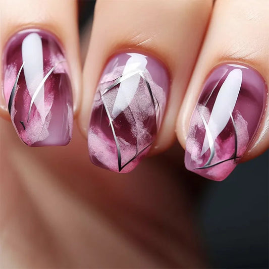 24pcs Short Ballet False Nail Purple Smudge Nails Tips Reusable Ins Fashion Square Press on Nails with Lines Design Fake Nail