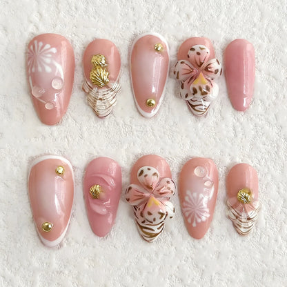 24Pcs Mid-length Almond Press on Fake Nails with Insect Flower Button Design Full Cover Nails Tips Reusable Finished False Nails