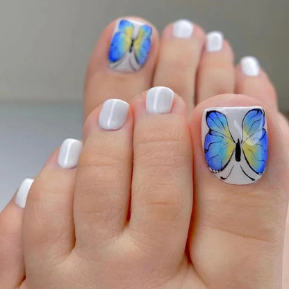Simple White French Artificial Toenails Shiny Rhinestones Toe False Nails with Glue Wearable Short Flat Shape Fake Toenails