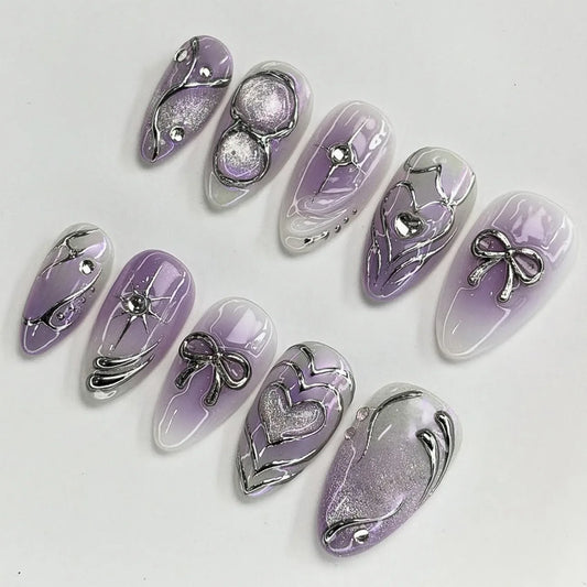 24pcs Y2k Purple Smudging False Nails Silver Stripes Metal Bowknots Decor Press On Nails Punk Style Almond Spicy Girl Fake Nail