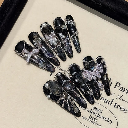 10Pcs White Swan Handmade False Nails Glitter Haze Blue Grey Cat Eye Press On Nail Angel Wing Shiny Diamond Chain Decor Manicure