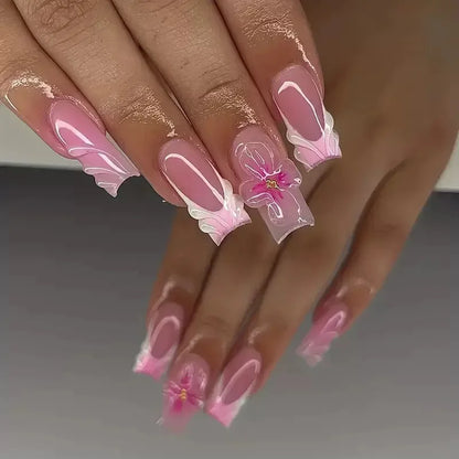 24PCS Spice Girls False Nails Sweet Cool 3D Pink Flowers with Diamonds Decoration Square Press on Nails Full Cover Wearable Tips