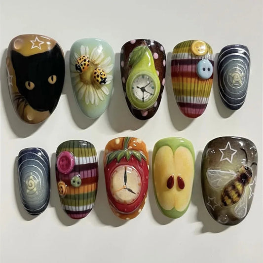 24pcs Bohemian Style False Nails Cute Black Cat Insect Designs Aesthetic Press On Nails Short Almond Detachable Fake Nail Tips