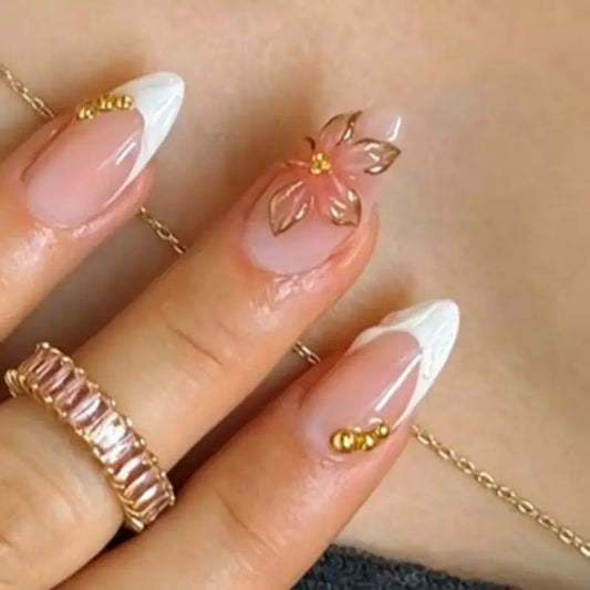 24Pcs Almond Press on Fake Nails Wine Red Cat Eye Floral Gradient Mid-length Nail Art Rhinestone Pearls Fashion Summer for Women