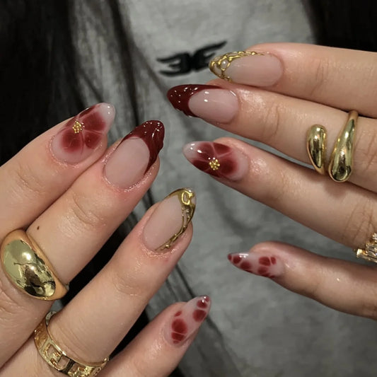 24Pcs 3D Flower French Design False Nails Short Almond Wearable Nails Set Press on Full Cover Pink Smudge Pearl Fake Nails Tips