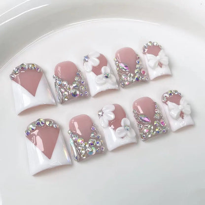10pcs high-end Simple and elegant style, hand-painted patterns, three-dimensional bow, dazzling full of diamonds handmade fake