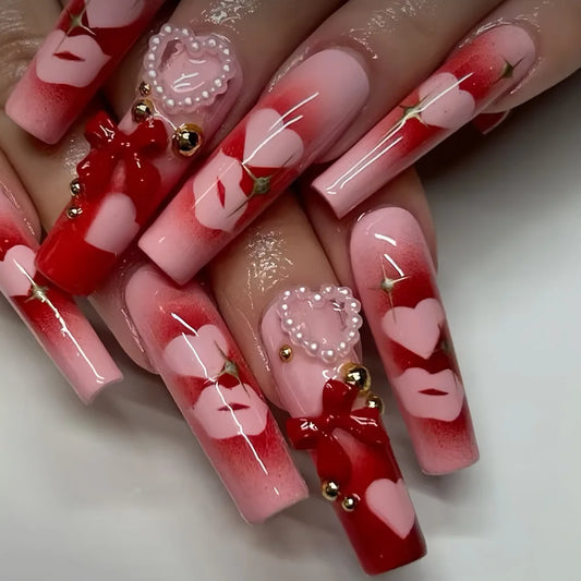 24pcs Extra Long Square Press on Nails Sets Sweet Cool Leopard Print French Coffin Fake Nail Tips Bow Cherry Decor False Nail