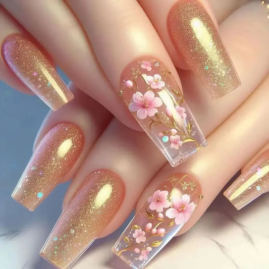 24Pcs Gold Glitter Long Coffin Press on Fake Nails Patch with Flowers Designs Finished Detachable Acrylic Nails for Spice Girls