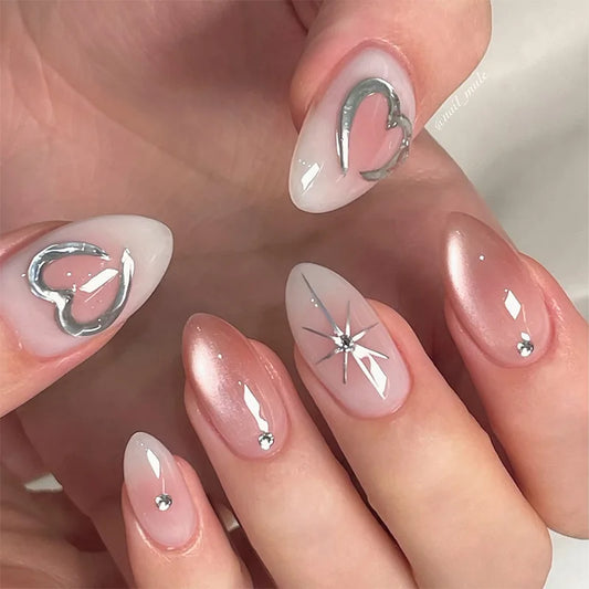 24Pcs Mid-length Almond False Nails Pink Smudge Cat's Eye Press on Fake Nails Rhinestone Heart Detachable Full Cover Nails Tips