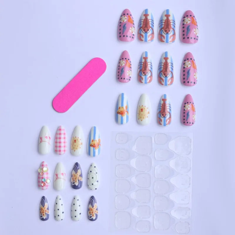 24PCS Almond Beach Theme Press on Nails Lobster Puffer Fish Starfish Design False Nails European American Sweet Spicy Nails Art