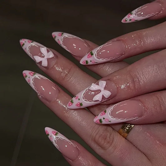 24pcs Bow False Nails White French Long Stiletto Fake Nail Tip Flower Pearl Design Almond Press on Nails Acrylic Full Cover Nail