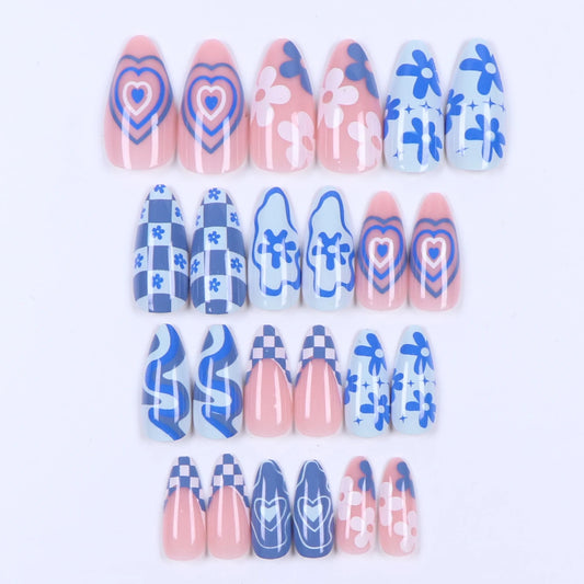 ARTAUG 24PCS Medium Almond Blue High Saturation Nail Fingertip French Trim Charms Press On Nails Cover Fake Nail Set