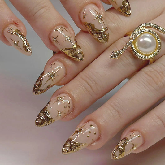24pcs Almond Press on Nails 3D Gold Star Metal French False Nails Full Cover Nail Tips Handmade Glamorous Nail Art For Women
