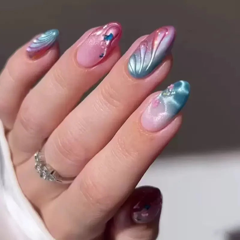 24Pcs Light Blue Smudge Fake Nails Press on Almond Gold Leaf Removable Long Full Cover Nail Tips Wearable Finished Nail Art