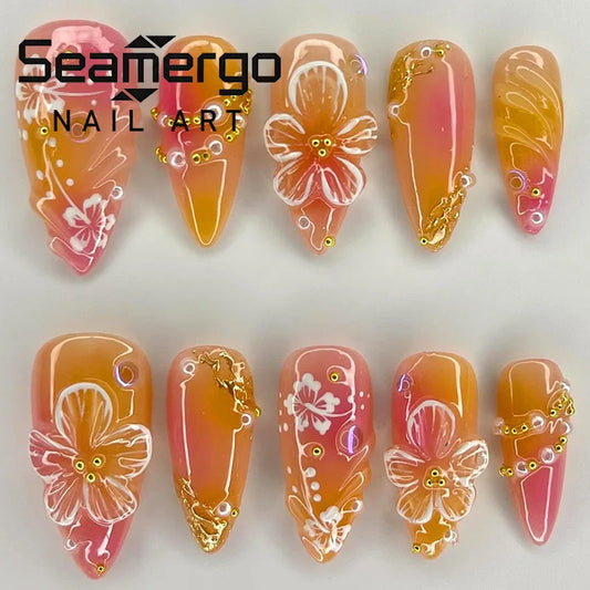 24PCS Orange Pink Almond Fake Nails with 3D Hibiscus Flower Gold Foil Pearl Press on Nails Tropical Beach Nail Art Summer Design
