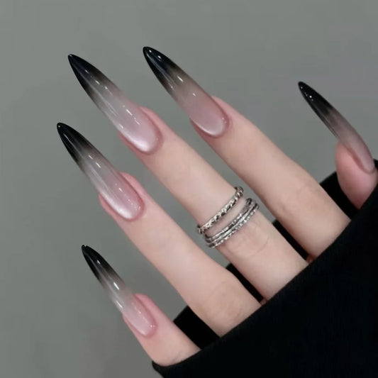 24pcs Black Pink Gradient Fake Nails Long Pointed Cat Eye Press on Nail Wearable Reusable European Spice Girls False Nails