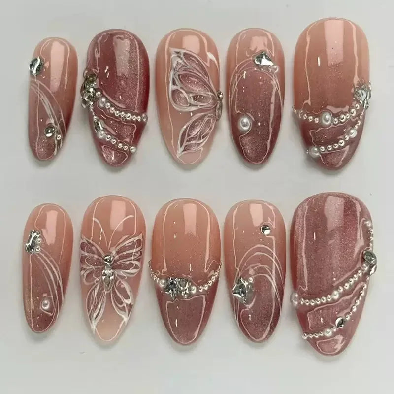 24Pcs Light Blue Smudge Fake Nails Press on Almond Gold Leaf Removable Long Full Cover Nail Tips Wearable Finished Nail Art