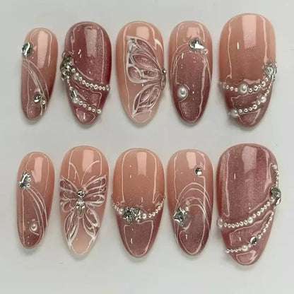 24Pcs Light Blue Smudge Fake Nails Press on Almond Gold Leaf Removable Long Full Cover Nail Tips Wearable Finished Nail Art